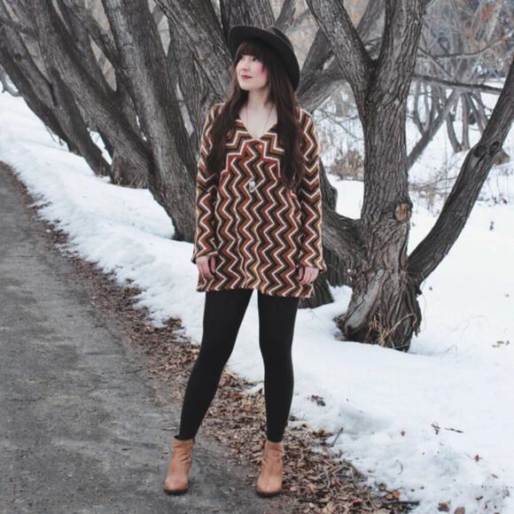 Free People Rhiannon Chevron Wool Blend Sweater Dress Neutral Combo Size S - Picture 5 of 11